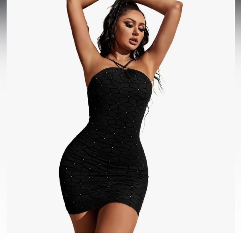 SHEIN Women’s Summer Backless Mini Stretch Dress Black O-Ring Mesh SZ S